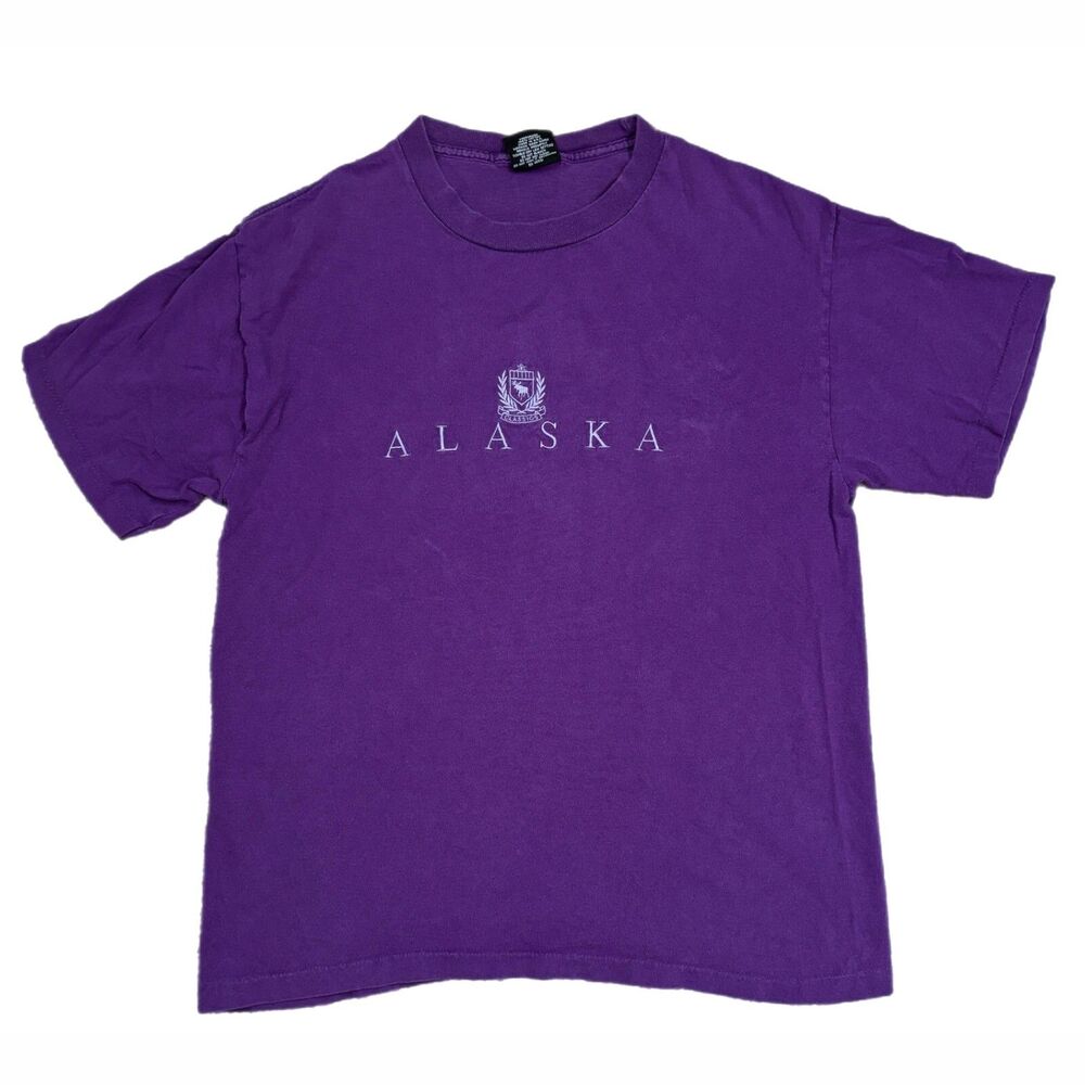Vintage Alaska Mens Single Stitch T Shirt Size L Made USA Purple Embroidered